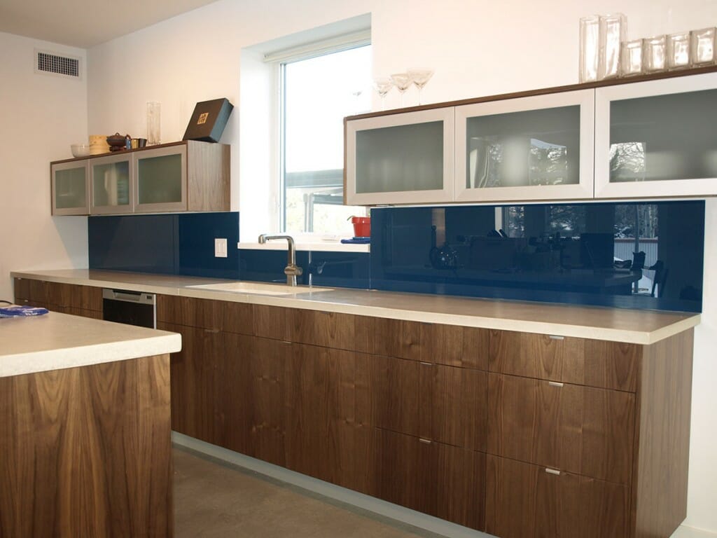 blue kitchen backsplash made of glass