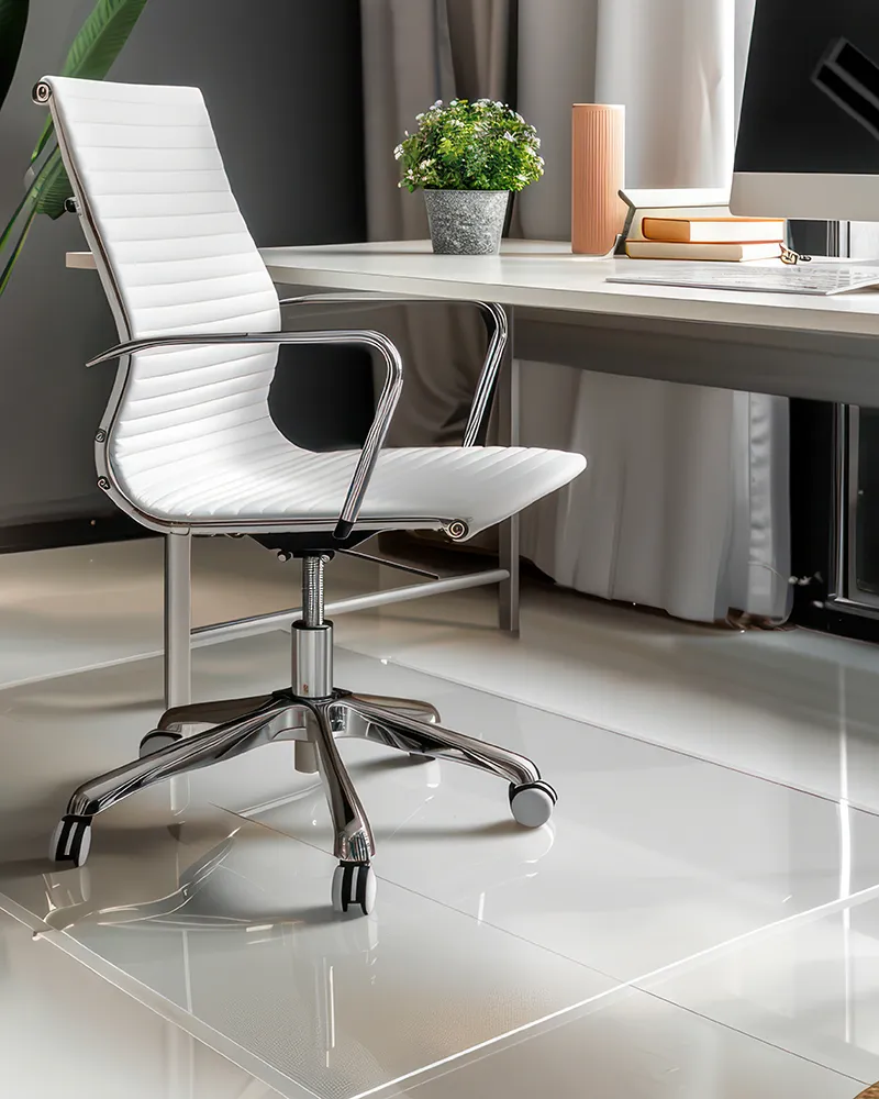 Clear glass mat with a rolling office chair