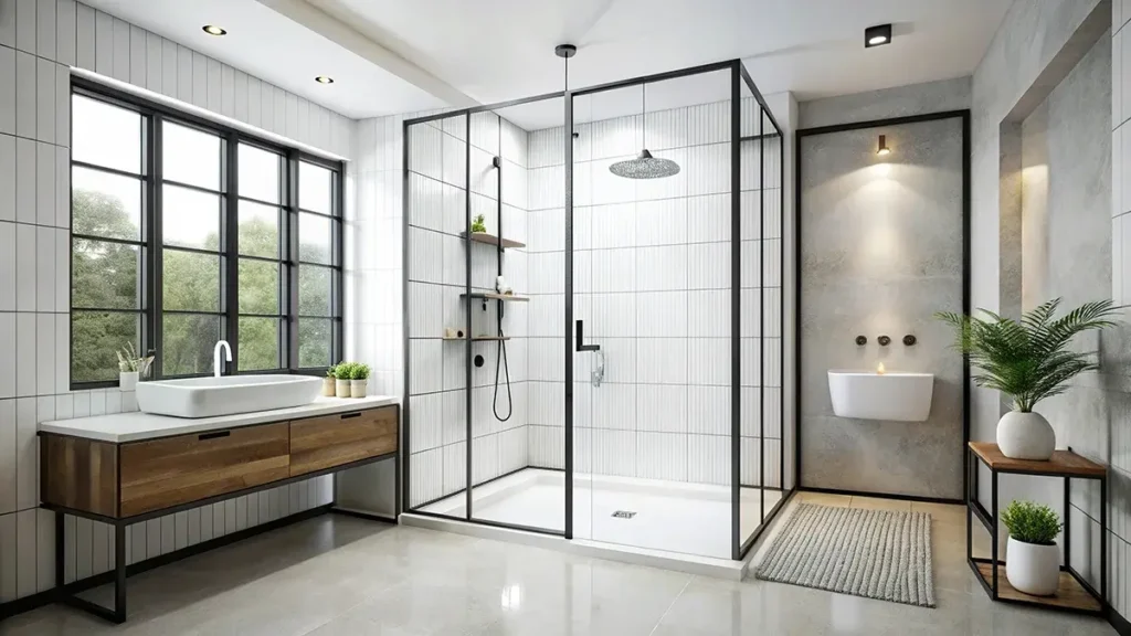 A modern bathroom featuring a framed shower enclosure.