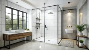 A modern bathroom featuring a framed shower enclosure.