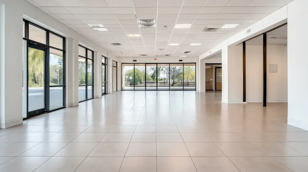 Spacious empty commercial office space with floor to ceiling windows